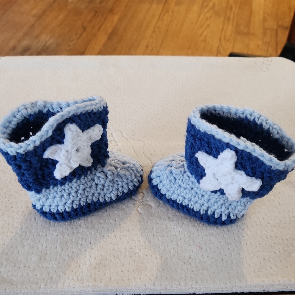 Blue and White Crochet Boots with Cuff Detail
